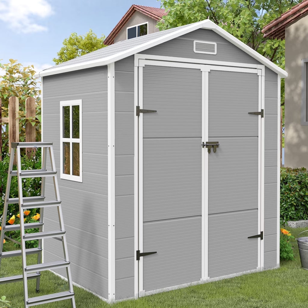 ELPOSUN Outdoor Storage Shed 6x4.5 ft, Resin Outside Sheds & Outdoor Storage Plastic for Trash Can, Bike, Lawnmower, Generator, Tool Shed with Lockable Door for Backyard, Lawn, Patio, Grey & White
