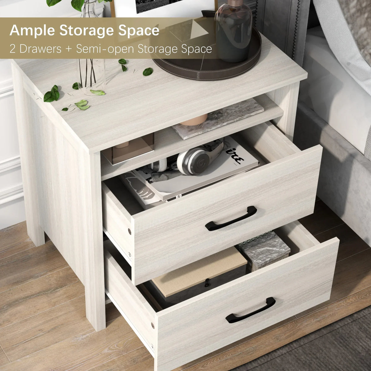 Farmhouse Nightstand with 2 Drawers, Rustic Grey Bedside Table with Open Shelf, Wooden Side End Table for Bedroom