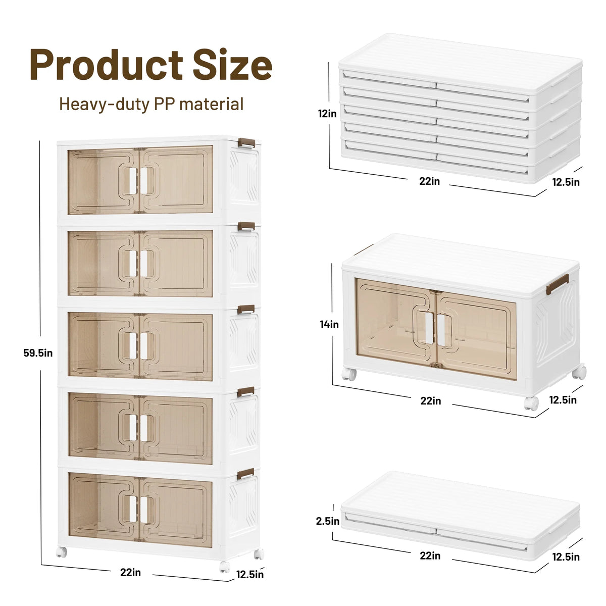 AZULLIA 290QT Stackable Plastic Collapsible Storage Bins with Lids, Wheels, Doors, 5 Pack GS01