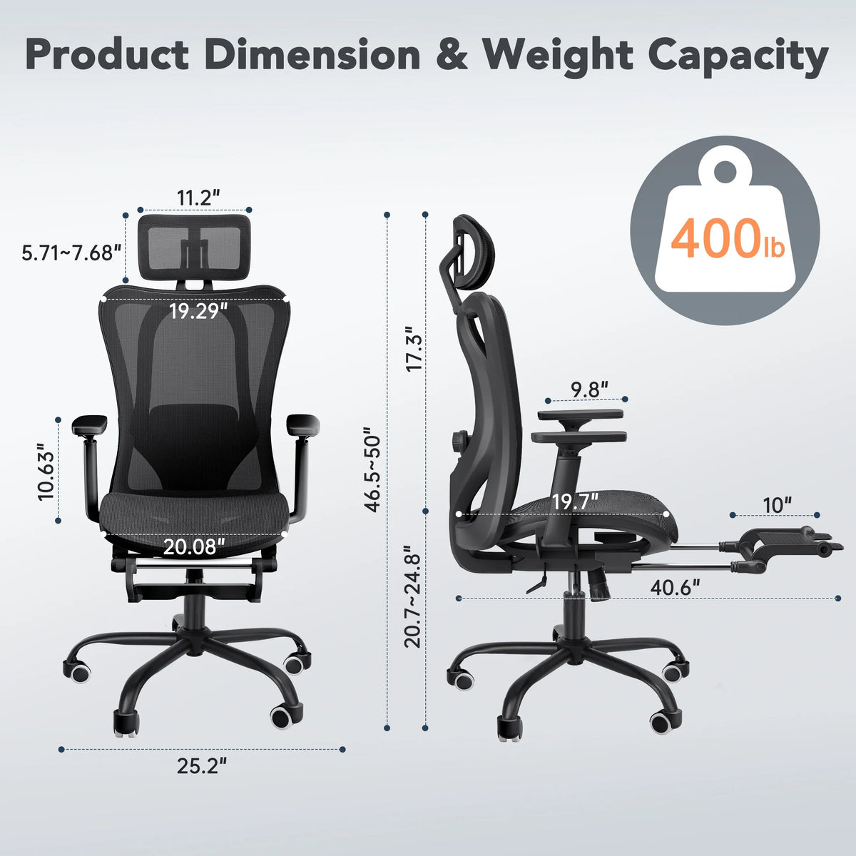 EVMORE Ergonomic Office Chair, Computer Desk Chair with Lumbar Support, Adjustable Headrest, and Breathable Mesh Back - 400 lbs Capacity, Black(with Footrest/3D Armrest)