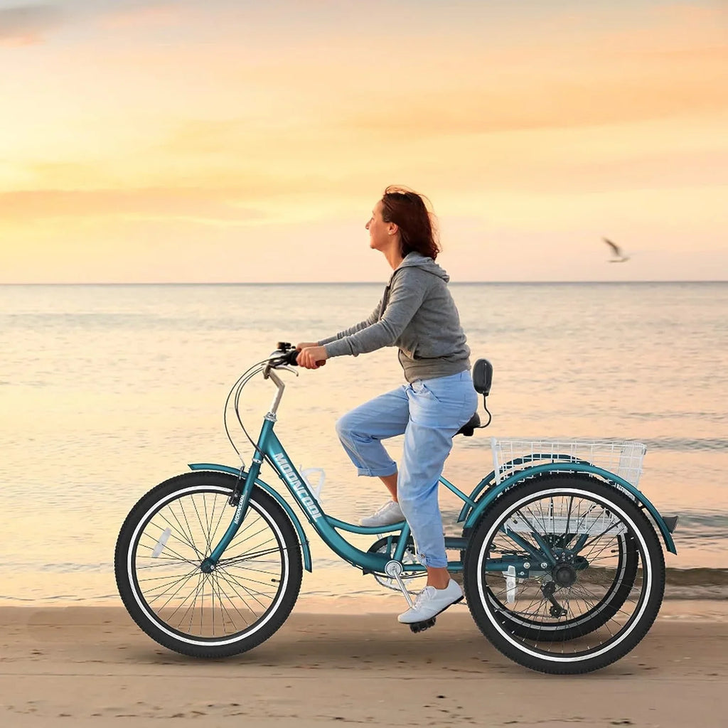 MOONCOOL Adult Tricycles with Rear Basket & Inflator, 24 26 inch 7 Speed 3 Wheel Bikes, Three-Wheeled Bicycles Adult Trike with Backrest for Seniors, Women, Men