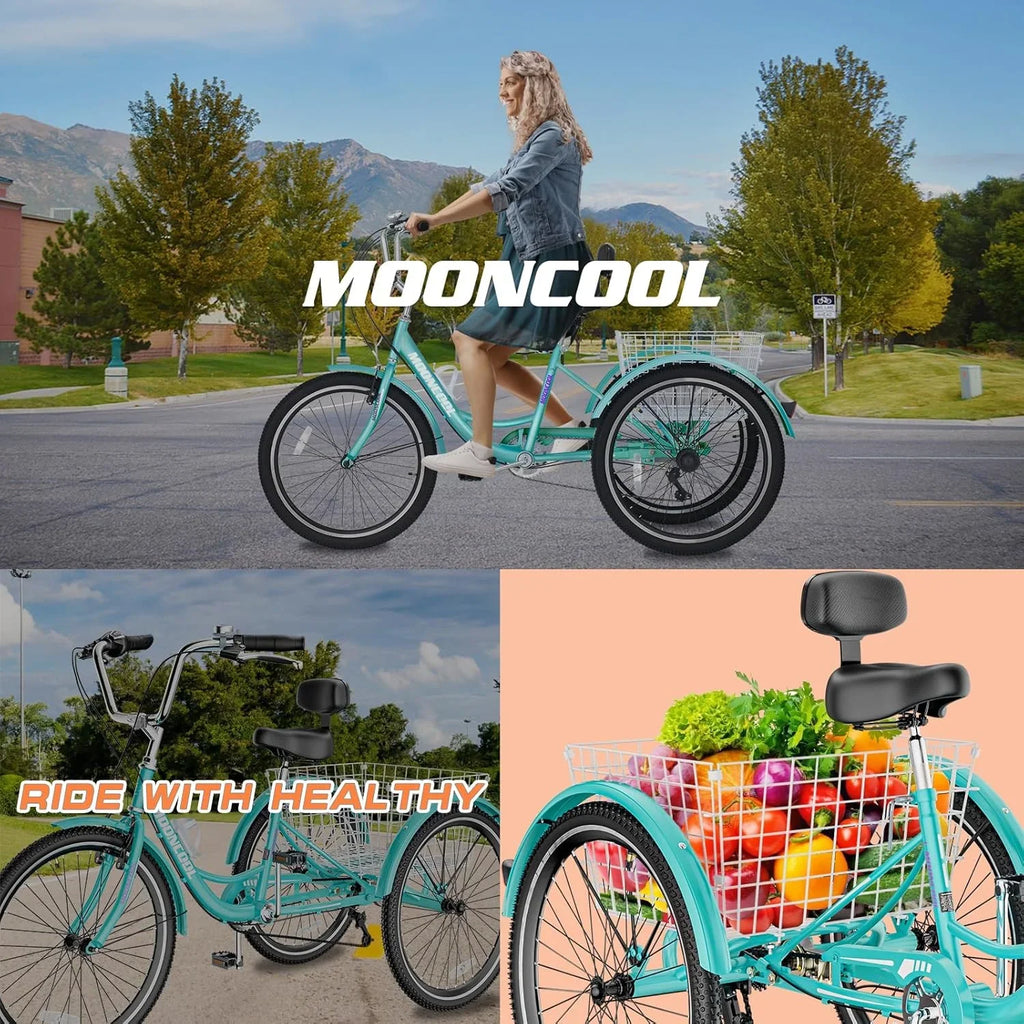 MOONCOOL Adult Tricycles with Rear Basket & Inflator, 24 26 inch 7 Speed 3 Wheel Bikes, Three-Wheeled Bicycles Adult Trike with Backrest for Seniors, Women, Men