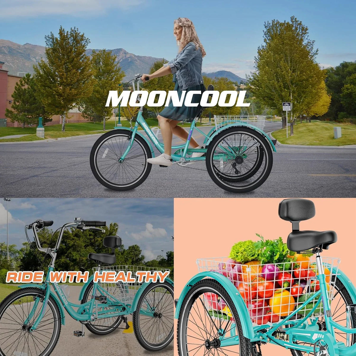 MOONCOOL Adult Tricycles with Rear Basket & Inflator, 24 26 inch 7 Speed 3 Wheel Bikes, Three-Wheeled Bicycles Adult Trike with Backrest for Seniors, Women, Men
