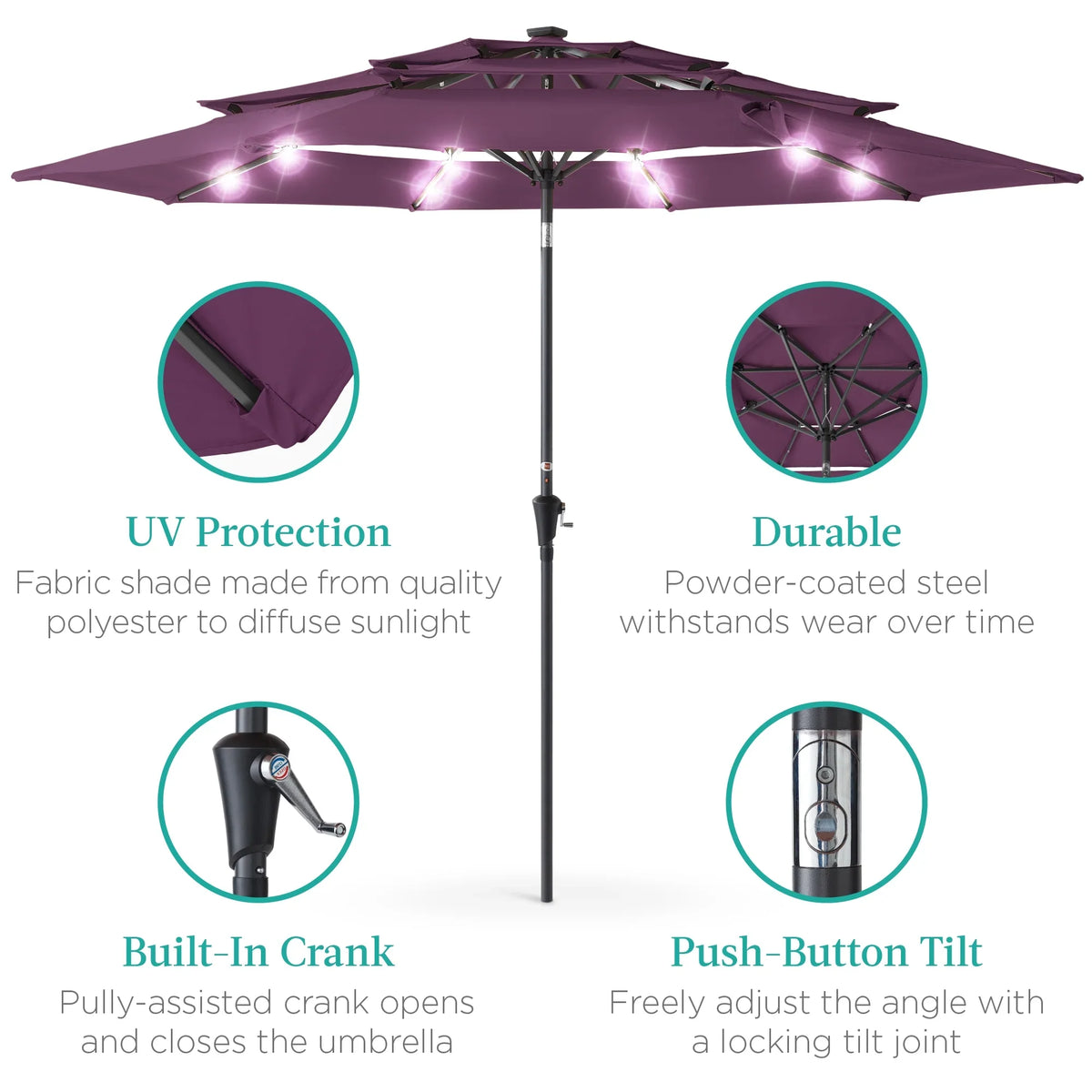 Best Choice Products 10ft 3-Tier Solar Patio Umbrella w/ 24 LED Lights, Tilt Adjustment, Easy Crank - Tan
