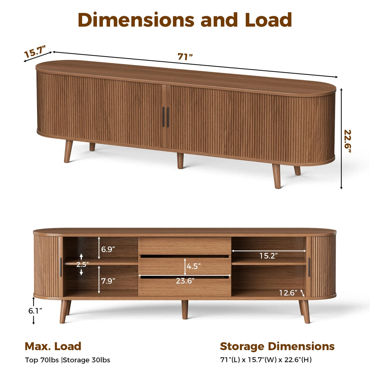 Planntonneo Mid-Century Modern Fluted TV Stand Wooden Media Console Entertainment Center for Living Room, Walnut Color