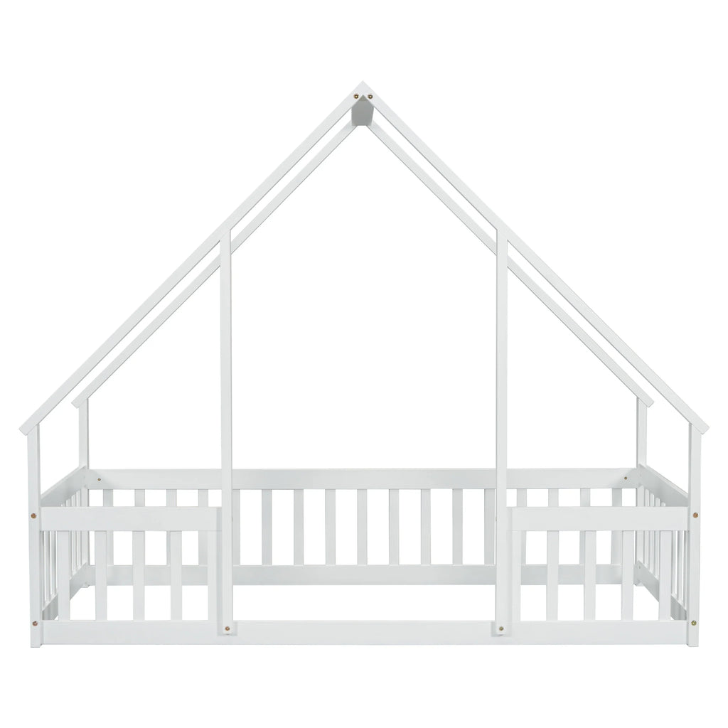 Bellemave Twin Size Floor Bed Frame, Wooden House Bed Twin Size with Fence, Montessori Bed with Guardrails for Bedroom (White)