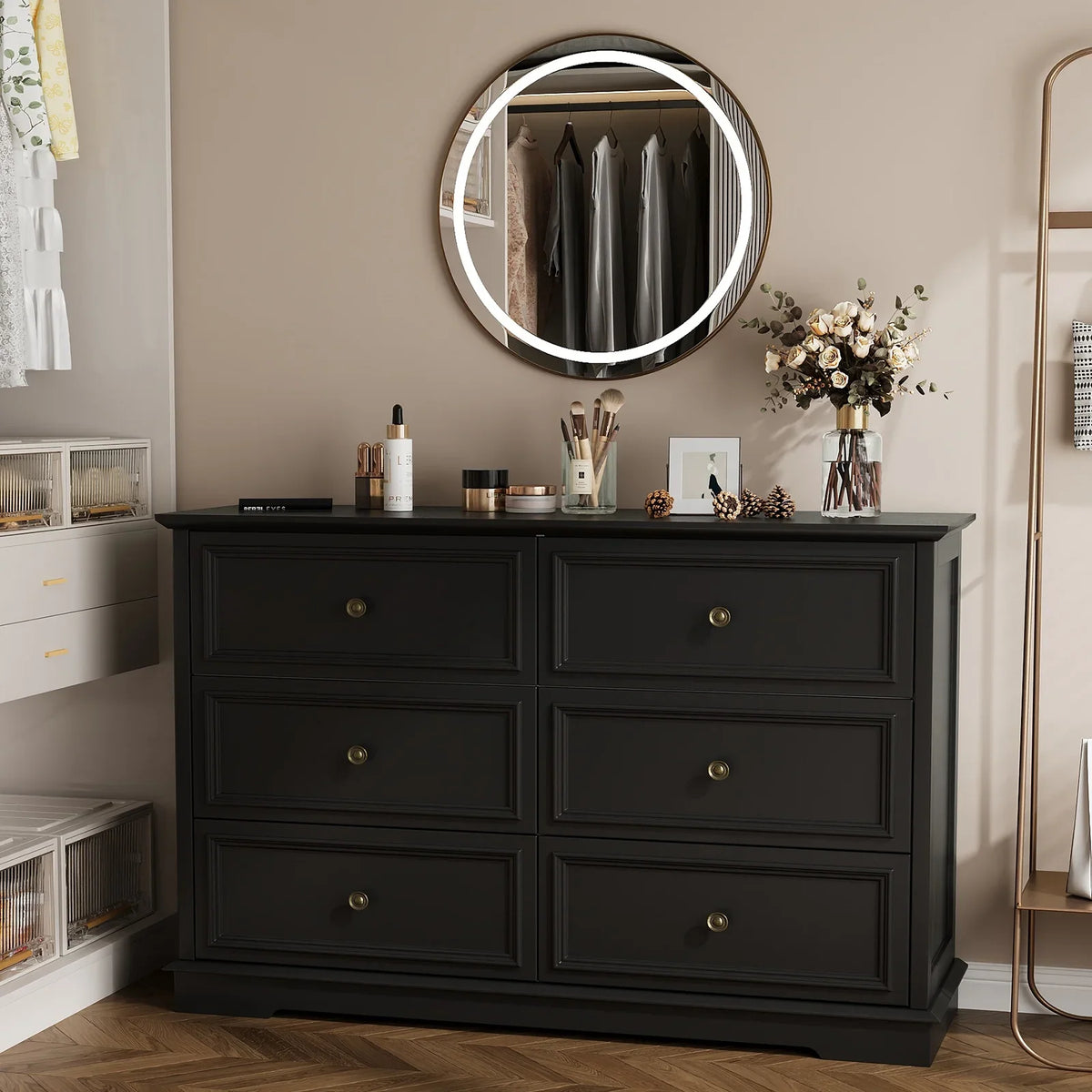 IDEALSOUL Black Dresser,6 Drawer Dresser for bedroom,Retro Wood Storage Cabinet for Living Room