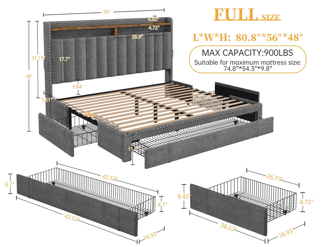 EnHomee Queen Bed Frame with 3 Storage Drawers Upholstered Queen Size Bed Frame with Headboard Noise Free Platform Bed with Metal Frame & Wood Slats Support Beige Bedroom Furniture for Adults Clothes