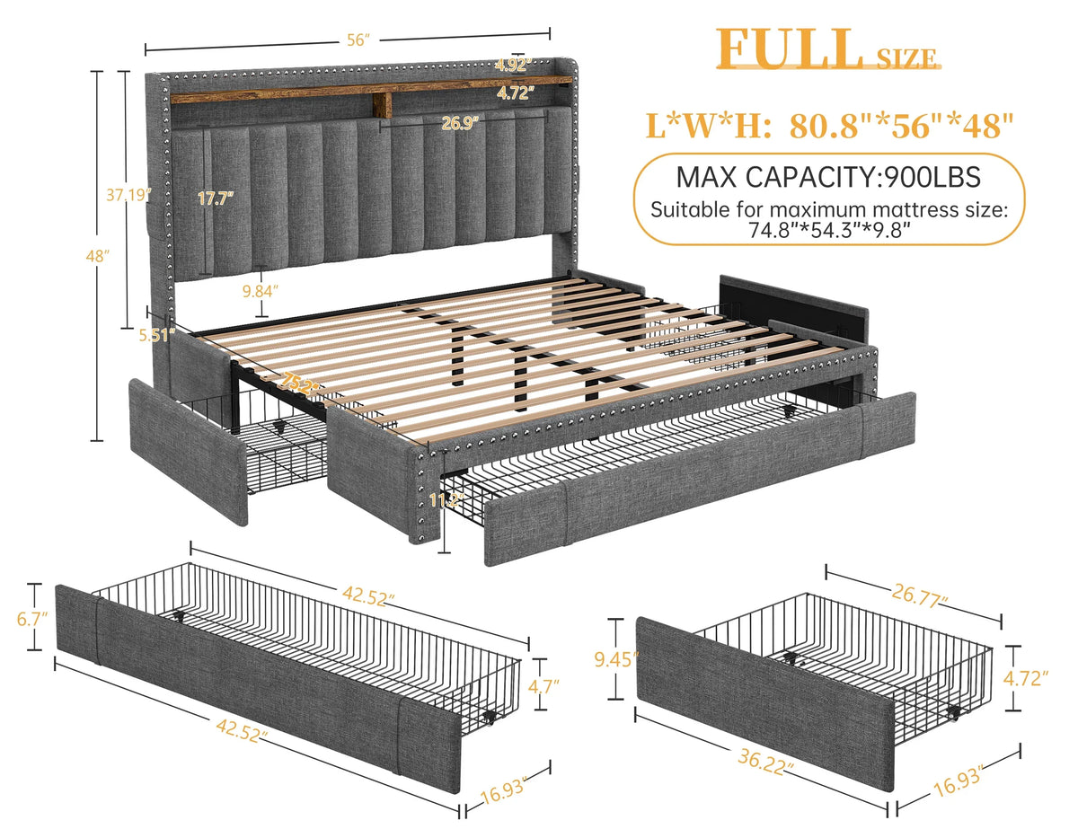 EnHomee Queen Bed Frame with 3 Storage Drawers Upholstered Queen Size Bed Frame with Headboard Noise Free Platform Bed with Metal Frame & Wood Slats Support Beige Bedroom Furniture for Adults Clothes