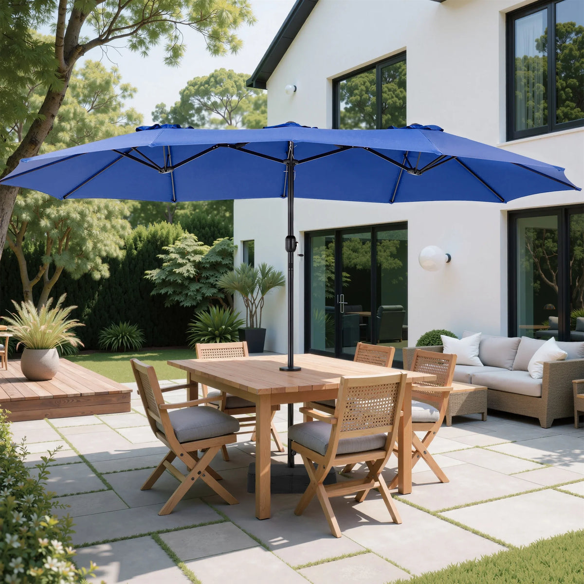 edx 15ft Patio Umbrellas (Base Included), Large Outdoor Double-Sided Rectangle Market Umbrella with Stand for Poolside, Lawn, and Backyard, Navy Blue