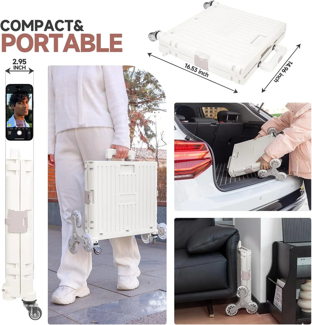 Collapsible Rolling Crate for Stair Climbing: Rolling Cart for Shopping Teacher Laundry (Milky White)