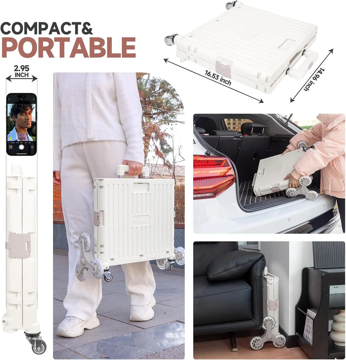 Collapsible Rolling Crate for Stair Climbing: Rolling Cart for Shopping Teacher Laundry (Milky White)