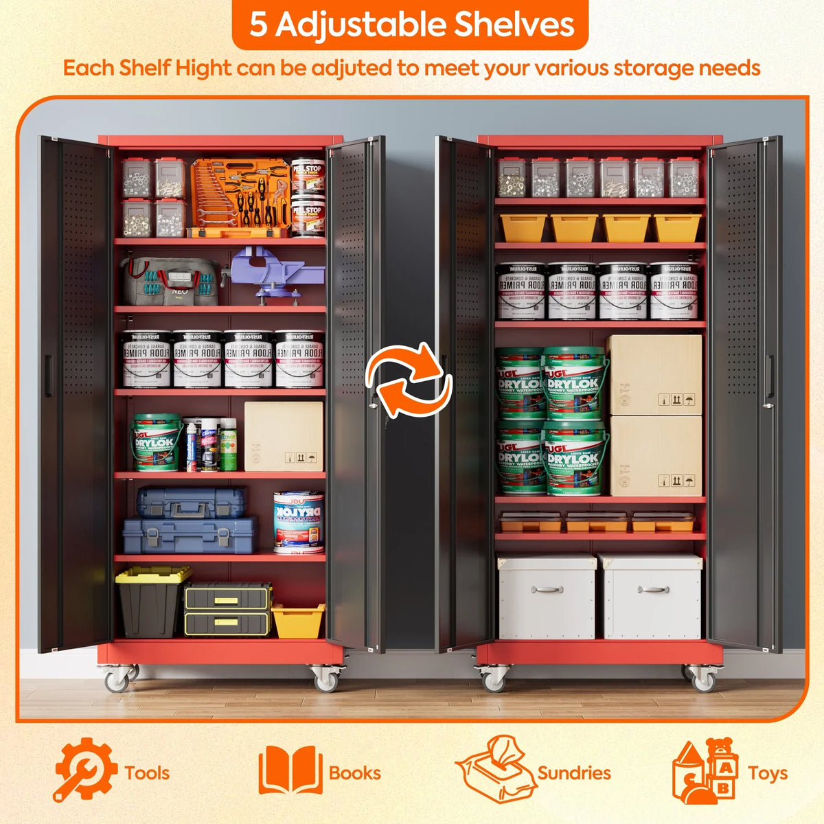 GangMei 71 inches Tall Metal Rolling Garage Storage Cabinets with Locking Doors and 5 Adjustable Shelves, Metal Storage Cabinet for Garage, Office, Home, Classroom, Assemble Required(Black)