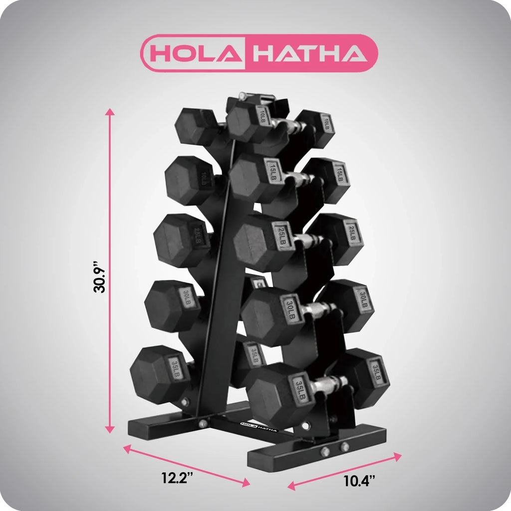 HolaHatha 10, 15, 25, 30, & 35 Pound Hexagonal Dumbbell Weight Set w/Rack