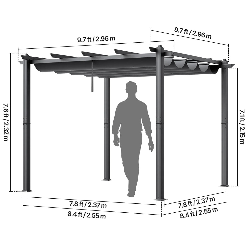 VEVOR 10'x10' Outdoor Retractable Pergola with Canopy, Aluminum Pergola with Retractable Canopy, Modern Pergola with Sun Shade Canopy for Patios, Gardens, Decks, Backyards (Gray)