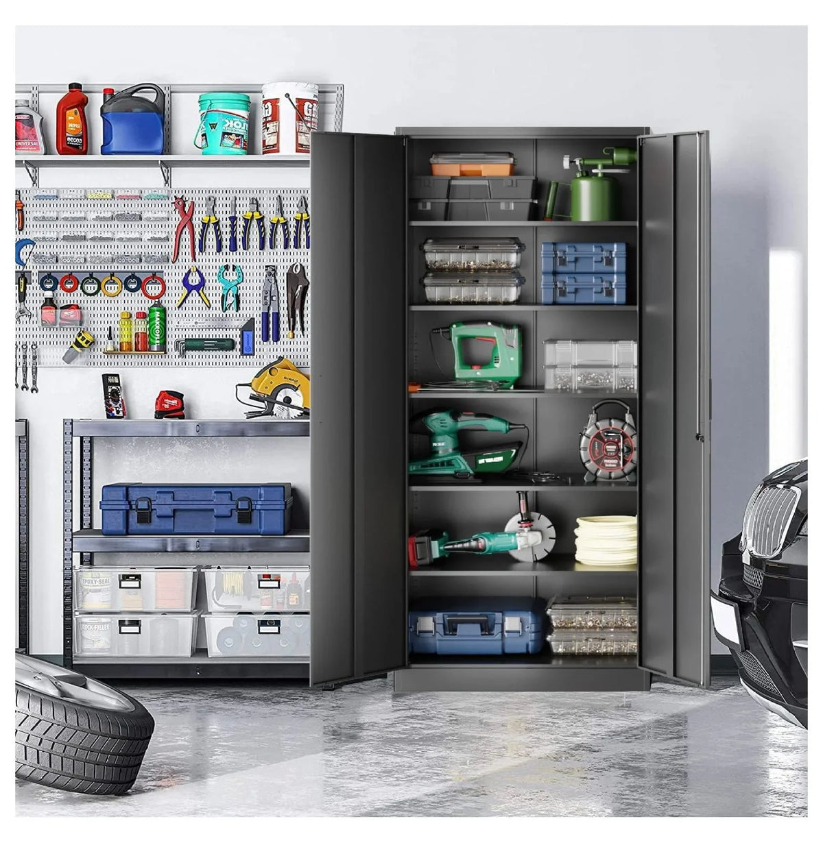 Metal Storage Cabinet with 5 Adjustable Shelves,Garage Storage Cabinet with Lock,Black Metal Cabinet with Locking Doors,Steel Cabinet,71" Lockable Storage Cabinet for Home,Office,Garage Cabinets