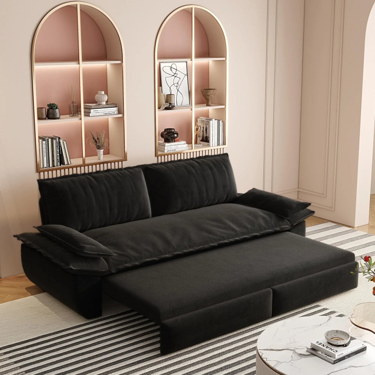 66" Queen Pull Out Sofa Bed, 3-in-1 Convertible Sleeper Sofa with Side Storage,Multi-Functional Velvet Loveseat Bed for Living Room,Bedroom