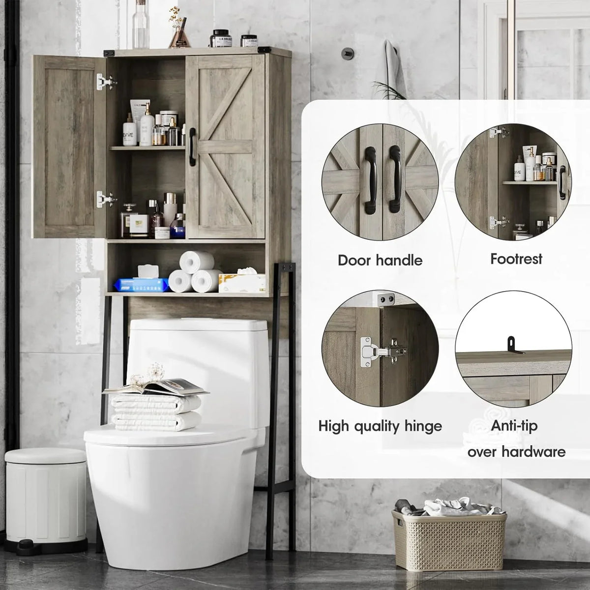 Vabches Over The Toilet Storage Cabinet, 68" H Farmhouse Freestanding Bathroom Storage Organizer with Double Doors & Storage Shelves