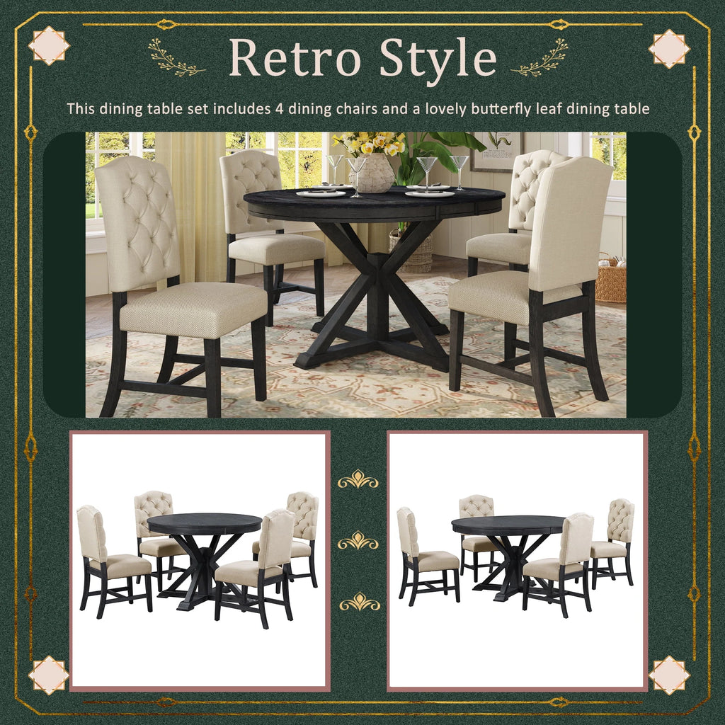 Harper & Bright Designs Round Extendable Dining Table Set for 4, 5 Piece Farmhouse Wood Dining Table Set with 4 Upholstered Dining Chairs, Natural Wood Wash