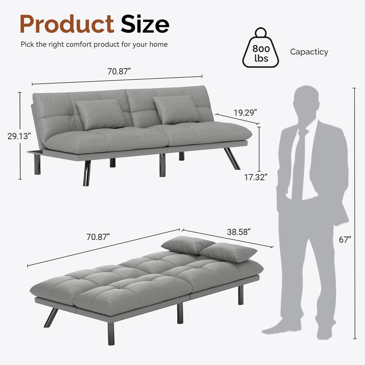 70"" Convertible Futon Sofa Bed Folding Bed Sleeper Couch for Living Room, Small Space or Office, Light Grey