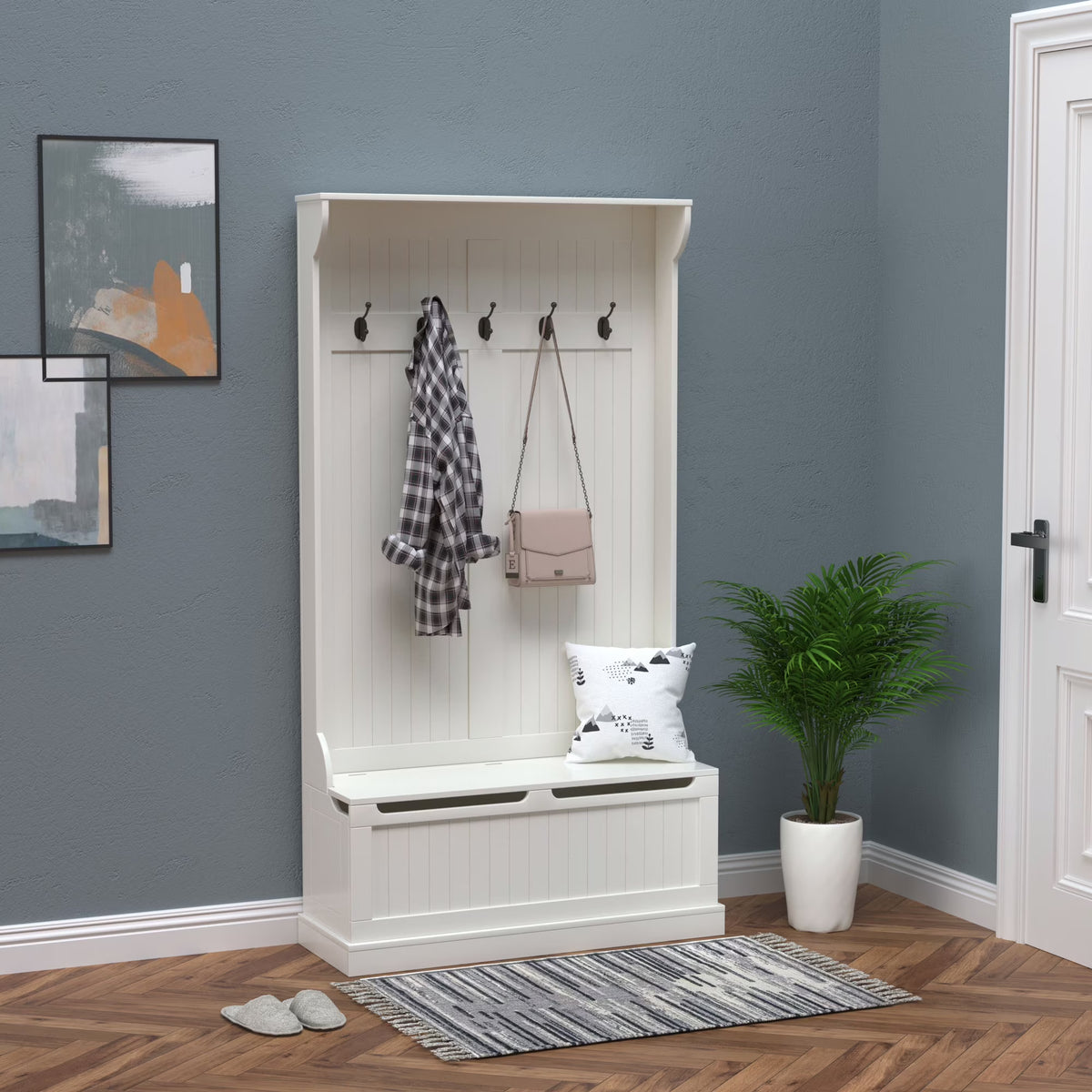 HOMCOM 3-In-1 Hall Tree Storage Bench and Coat Rack with 5 Steel Double Hooks, and Anti-Topple Anchor for Entryway, Cream White