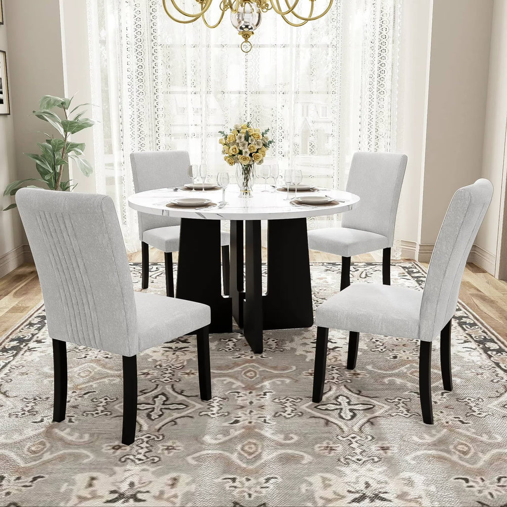 EUROCO 5-Piece Round Dining Table Set for 4, 43.3'' Kitchen Room Table with 4 Upholstered Chairs and Solid Wood Frame,Kitchen Table Set for Home Living Dining Room, Grey & Black