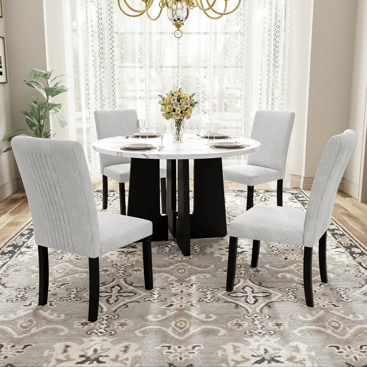 EUROCO 5-Piece Round Dining Table Set for 4, 43.3'' Kitchen Room Table with 4 Upholstered Chairs and Solid Wood Frame,Kitchen Table Set for Home Living Dining Room, Grey & Black