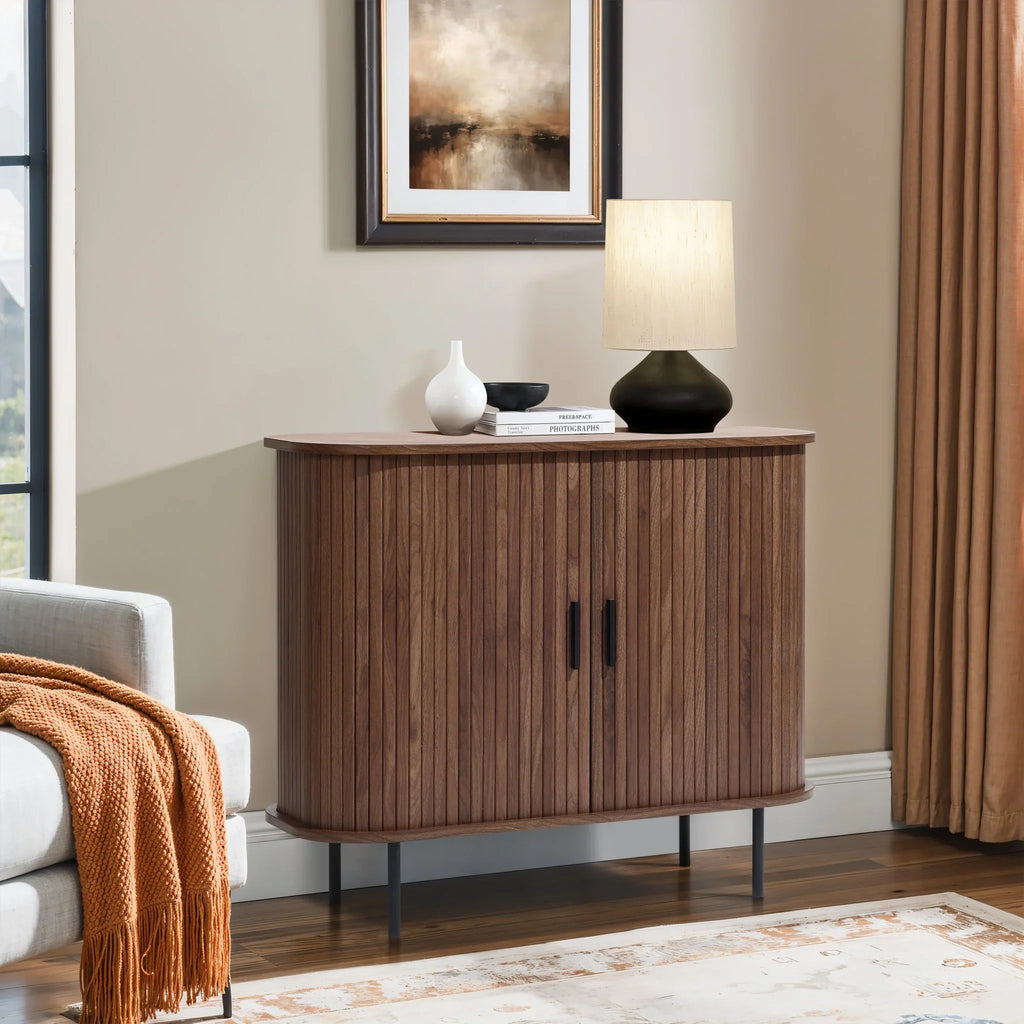 LuxenHome 35" Mid Century Modern Accent Cabinet, Small Buffet Cabinet with Sliding Door, Oak