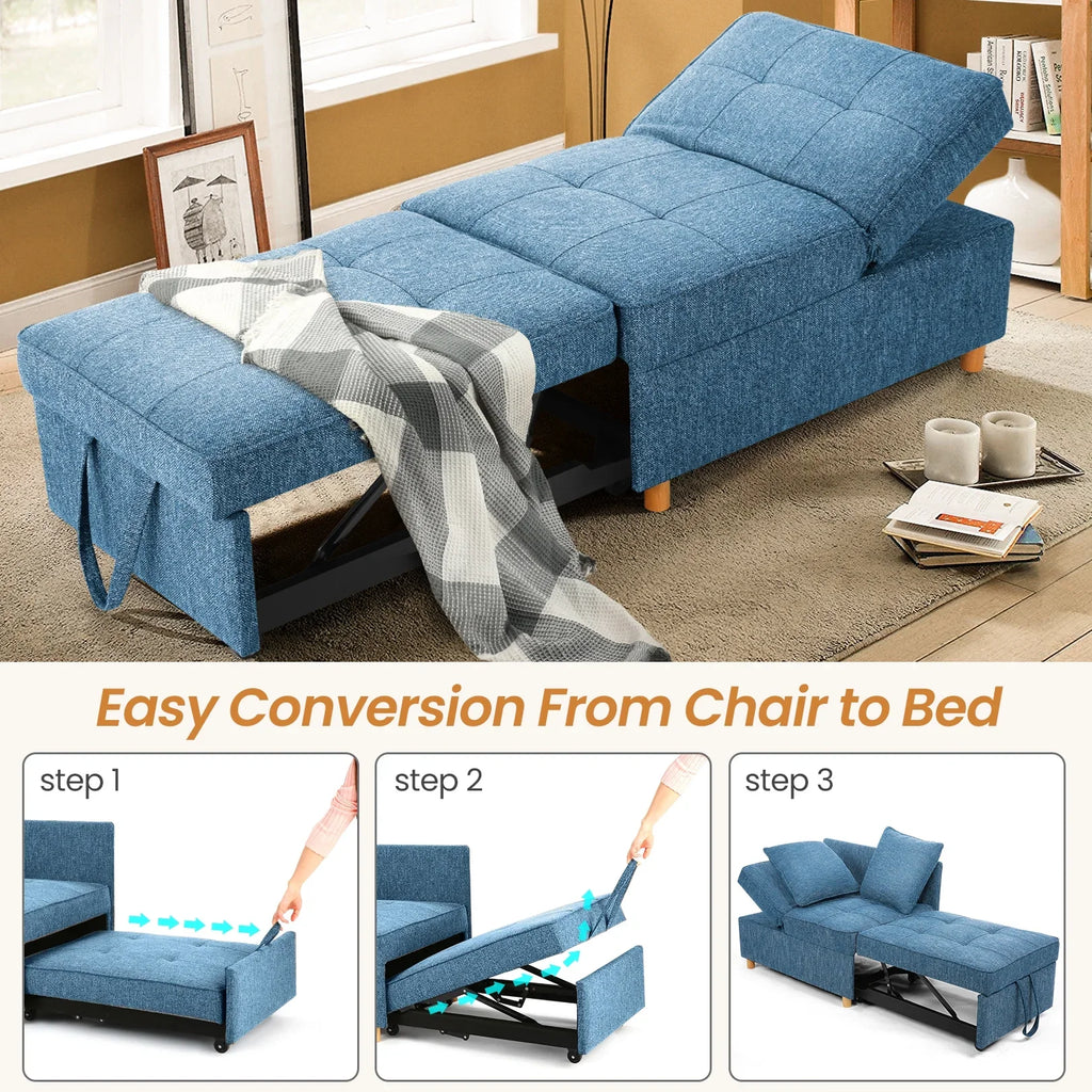 SEJOV 4-in-1 Convertible Sleeper Chair Bed, Linen Sofa Bed for Small Space, Futon Sofa with 2 Throw Pillows for Living Room, Single Recliner with 5 Adjustable Backrest for Bedroom Apartment, Brown