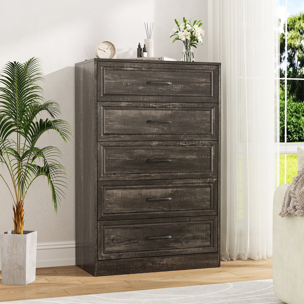 Vabches Farmhouse 5 Drawer Dresser with Metal Handle, Tall Wood Chest of Drawers for Living Room Bedroom,Dark Brown