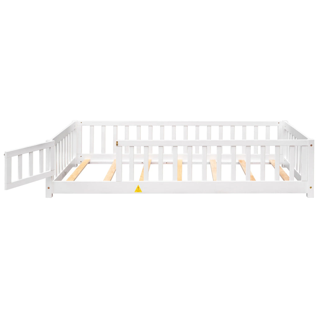 PAPROOS Twin Size Floor Bed, Solid Wood Toddler Bed with Slat, Fence Guardrail and Door, No Box Spring Needed, Montessori Bed, Twin Bed for Kids, Boys, Girls, Gray