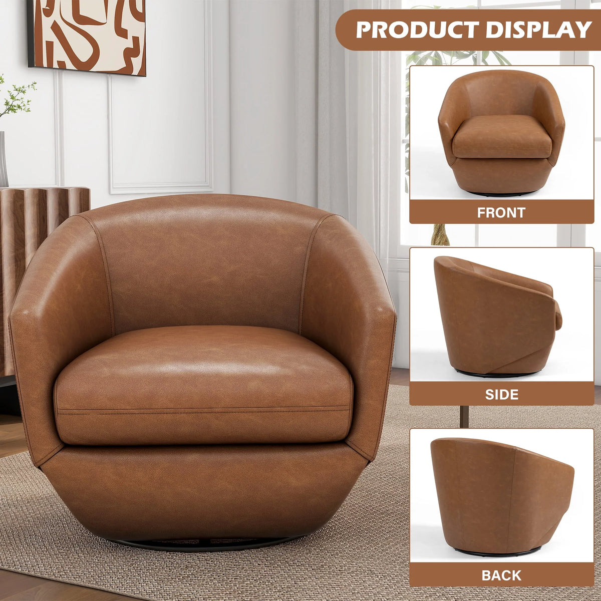 DREAMSIDEA Faux Leather Swivel Accent Chair Sets of 2 360" Swivel Barrel Chair,Swivel Club Sofa for Living Room, Bedroom, Office,Brown