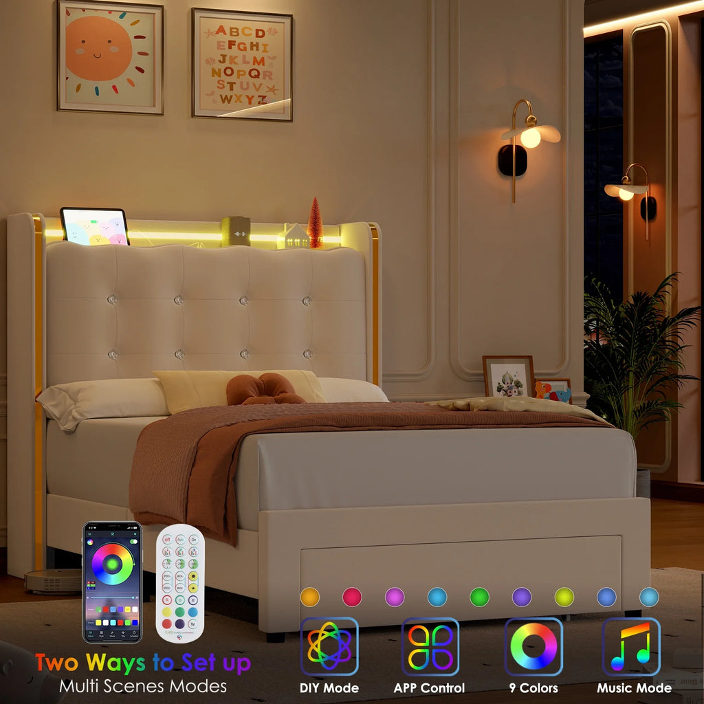 Homfa Twin Size LED Bed Frame with Drawer, Velvet Crystal Button Upholstered Platform Bed Frame with Outlets and USB Ports & Display Platform, No Box Spring Needed, Pink