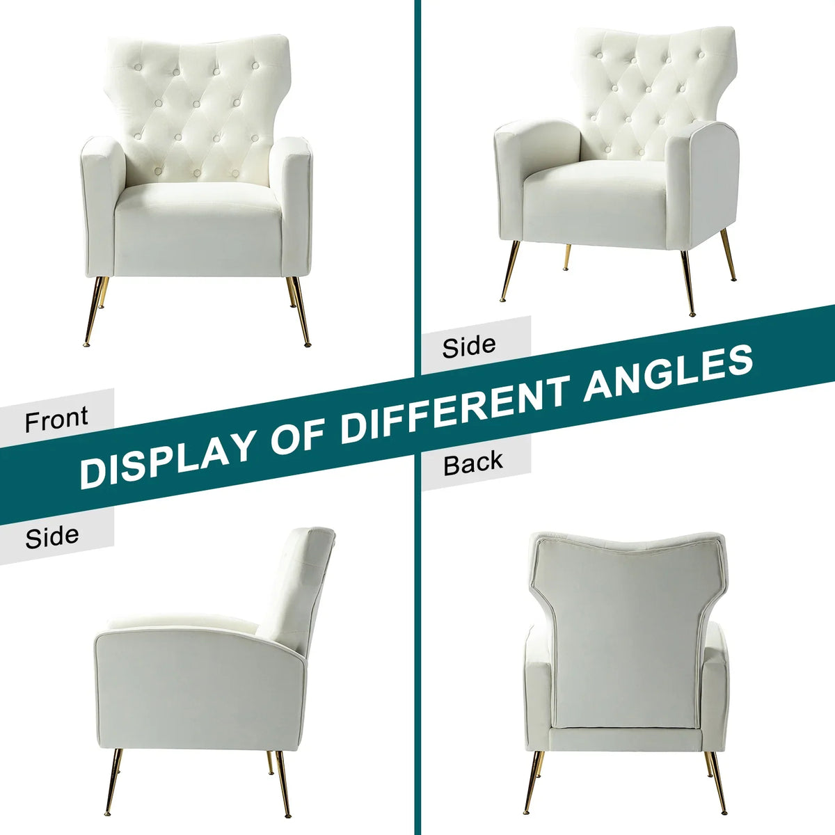 Modern Velvet Accent Chair Upholstered Sofa Armchair Button Tufted Metal Legs Adult Bedroom Home Living Room Grey