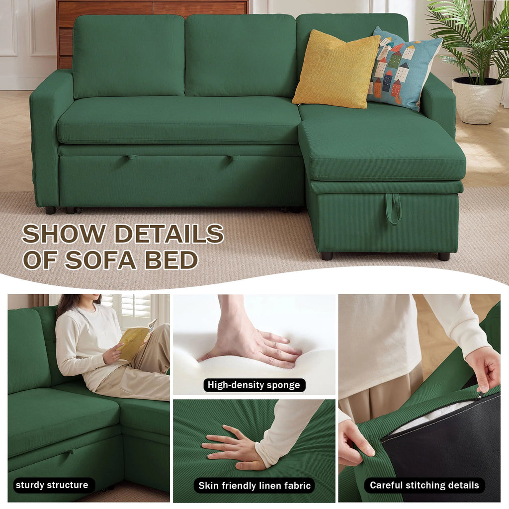 Pingliang Home Pull Out Sleeper Sofa Bed Sectional Sofa with Storage Chaise,L Shaped Sectionals Couches with Side Pockets,Modern Linen Reversible Sofa Couch for Living Room Apartment Office Studio