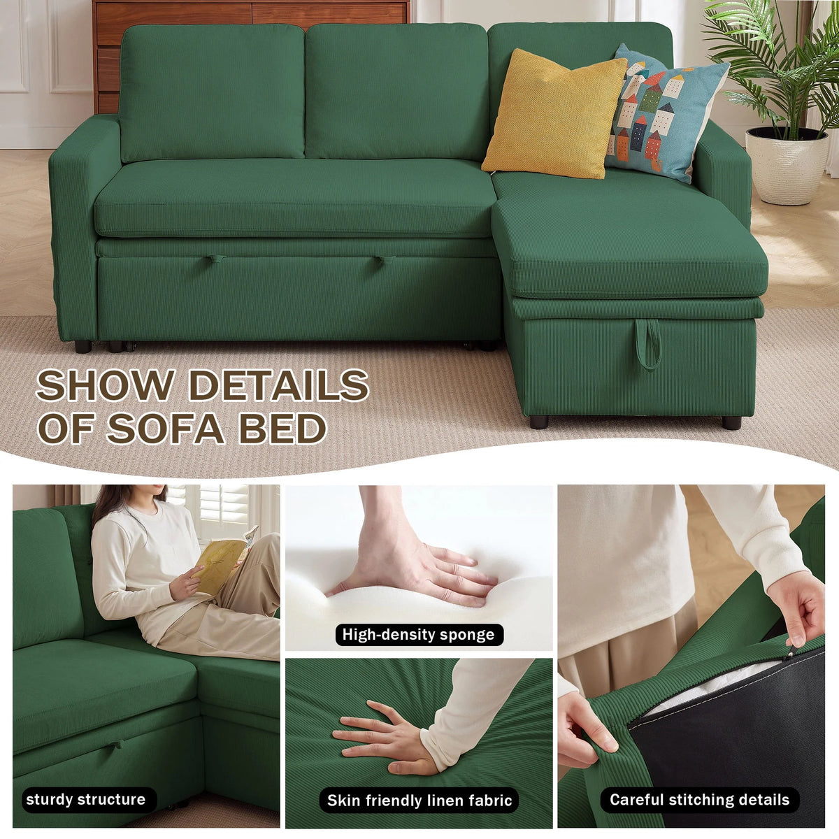 Pingliang Home Pull Out Sleeper Sofa Bed Sectional Sofa with Storage Chaise,L Shaped Sectionals Couches with Side Pockets,Modern Linen Reversible Sofa Couch for Living Room Apartment Office Studio