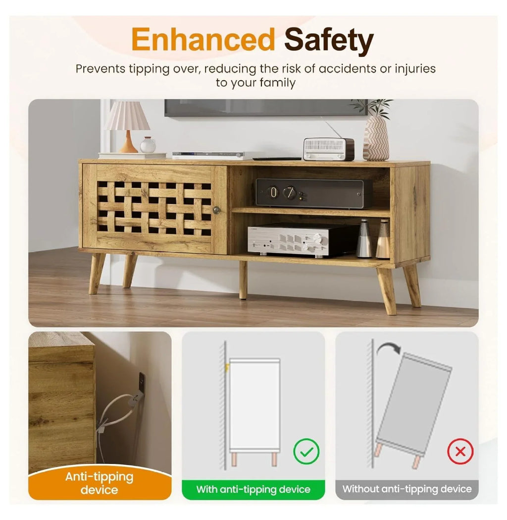 Rattan TV Stand, Fluted TV Stand with Storage, 47 inch Rattan Entertainment Center, Media Console Cabinet for Living Room, Bedroom 47'' -1 Door