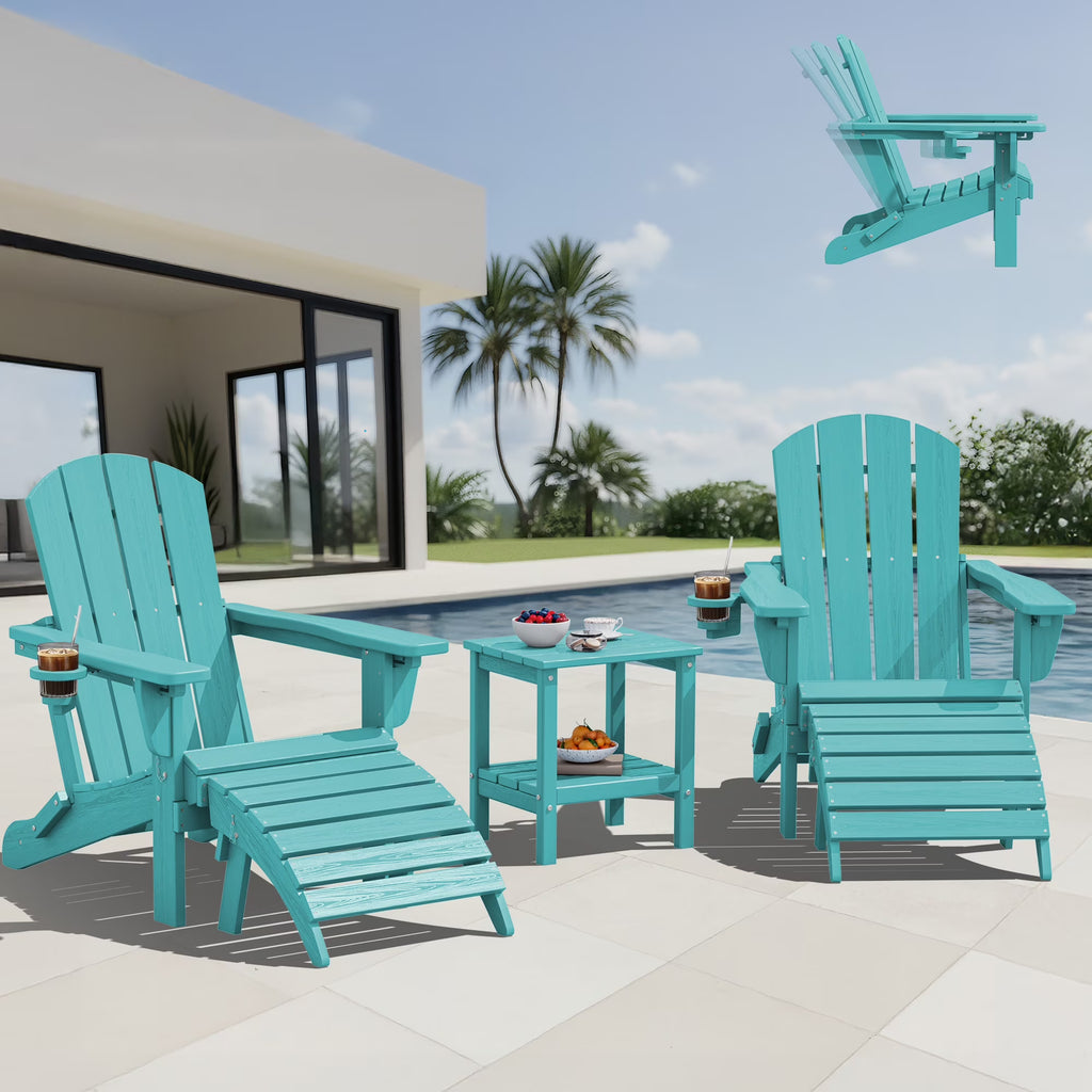 SERWALL Outdoor Adjustable Folding HDPE Adirondack Chairs Set of 2 with Cup Holder, Gray