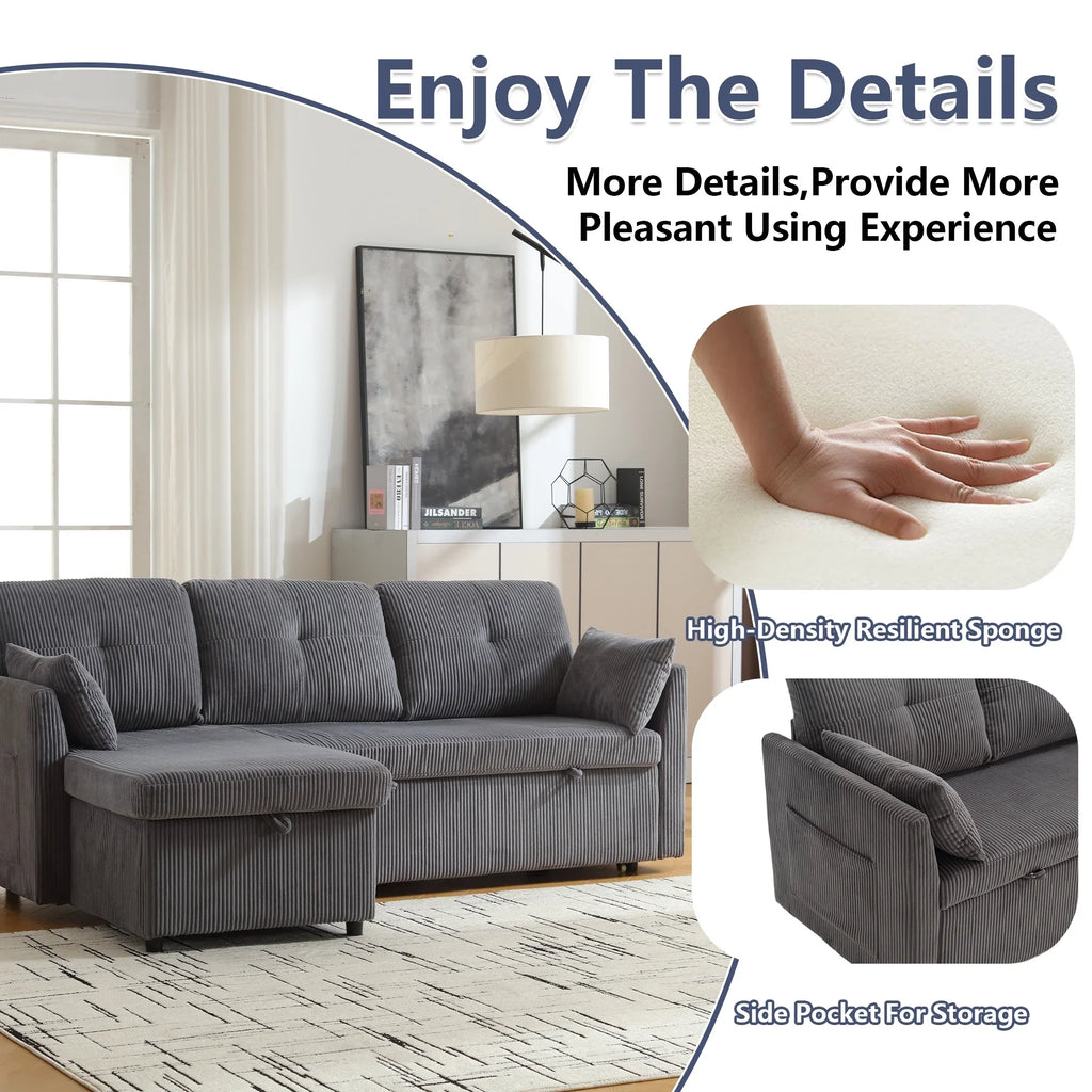 Villeston L-Shaped 3-Seat Sofa with Pull-Out Bed, with Storage Chaise Couch for Living Room, Chenille Fabric,Olive