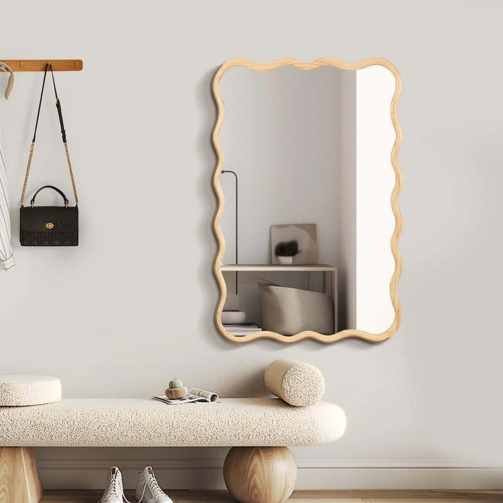 Solid Wood Wavy Frame Modern Mirror - 40x28 Inches Durable Farmhouse Wall Decor for Bathroom, Living Room & Entryway with Easy Install