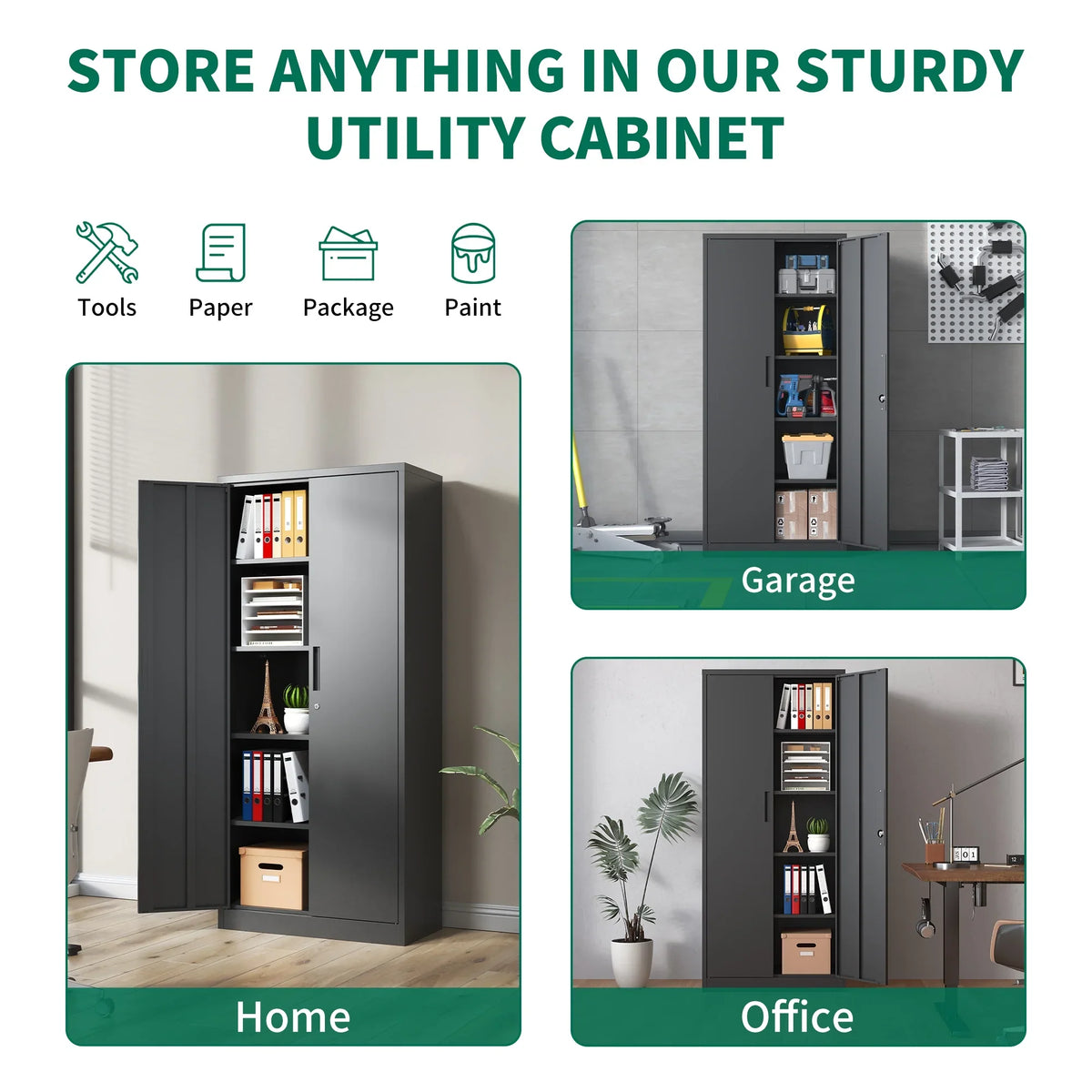 Garage Storage Cabinet with Doors and 4 Adjustable Shelves, Alvantor 72" Tall Metal Garage Cabinet, Lockable Tool Storage Cabinets for Garage, Home, Office Black
