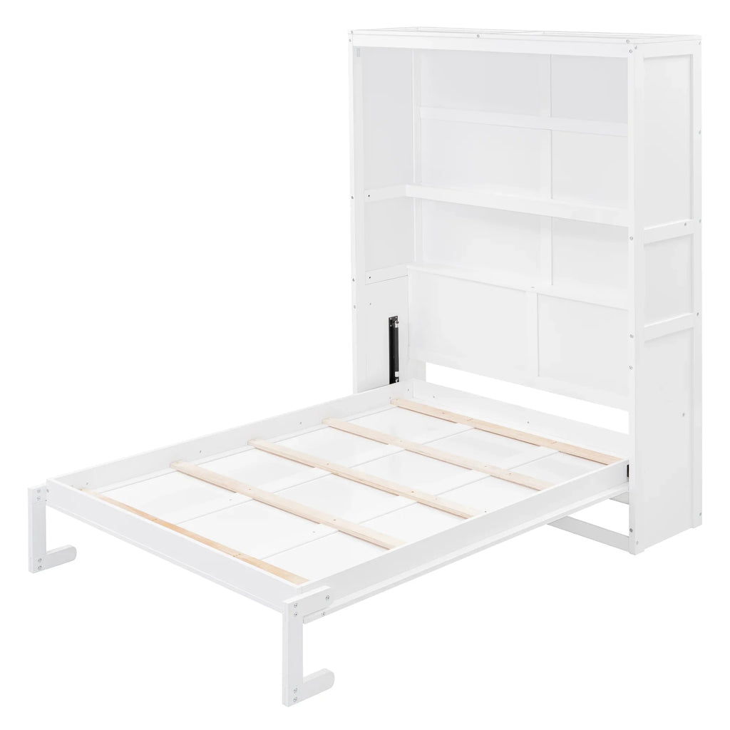 Harper & Bright Designs Full Size Murphy Bed with Shelves, Foldable Wall Bedframe w/Flexible Slats Support, Space-Saving Design, Can Be Folded Into Cabinet, White