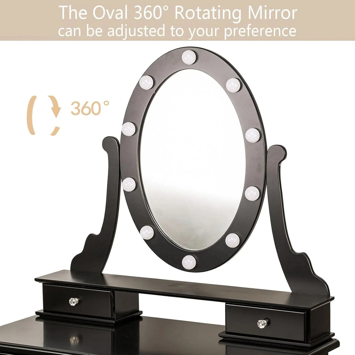 TROPOW Vanity Desk,Makeup Vanity,with Mirror and Lights,Vanity Desk with Mirror and Lights, Wood Makeup Dressing Table Stool with & Oval Mirror 3 Colors Lighting Modes Modern,Black