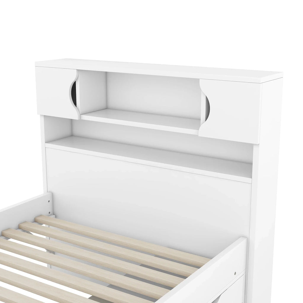 Euroco Wood Twin Size Platform Bed with Storage Headboard, Captain Bed with 4 Drawers, Bookcase and Cabinets, Gray