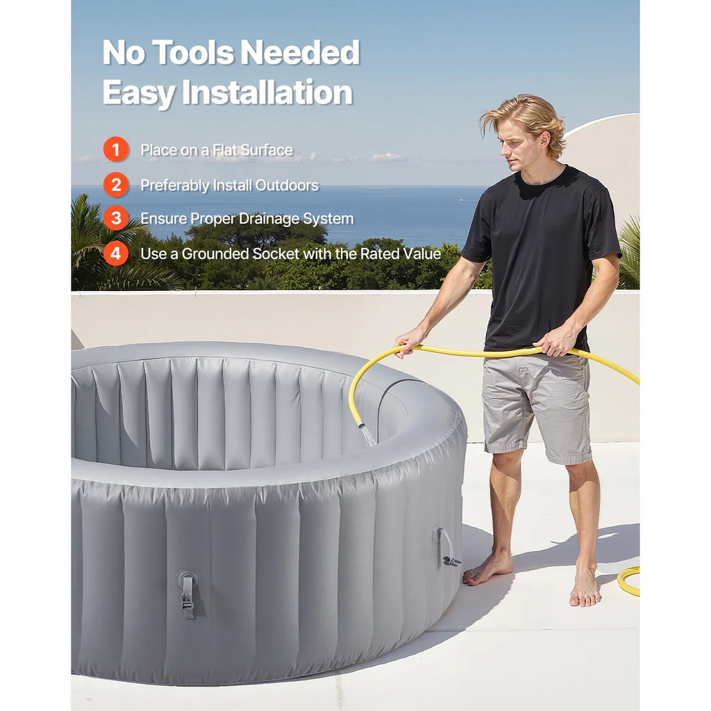 KFFKFF Inflatable Hot Tub, 4-6 Person Capacity, 81.9 x 26in Round Portable Outdoor Spa, with 130 Jets, Headrest, LED Light, Cover, Control Panel, PVC Outdoor Tub, Grey