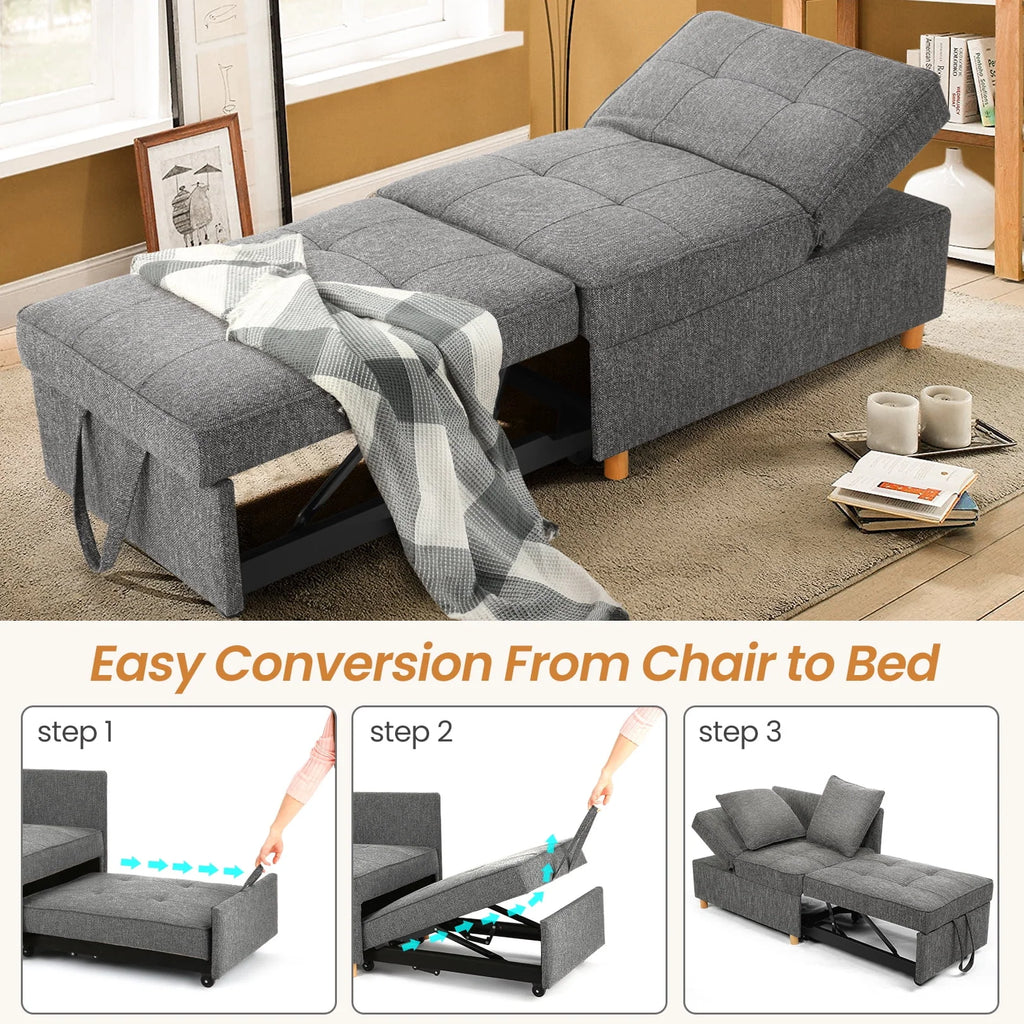 SEJOV 4-in-1 Convertible Sleeper Chair Bed, Linen Sofa Bed for Small Space, Futon Sofa with 2 Throw Pillows for Living Room, Single Recliner with 5 Adjustable Backrest for Bedroom Apartment, Brown