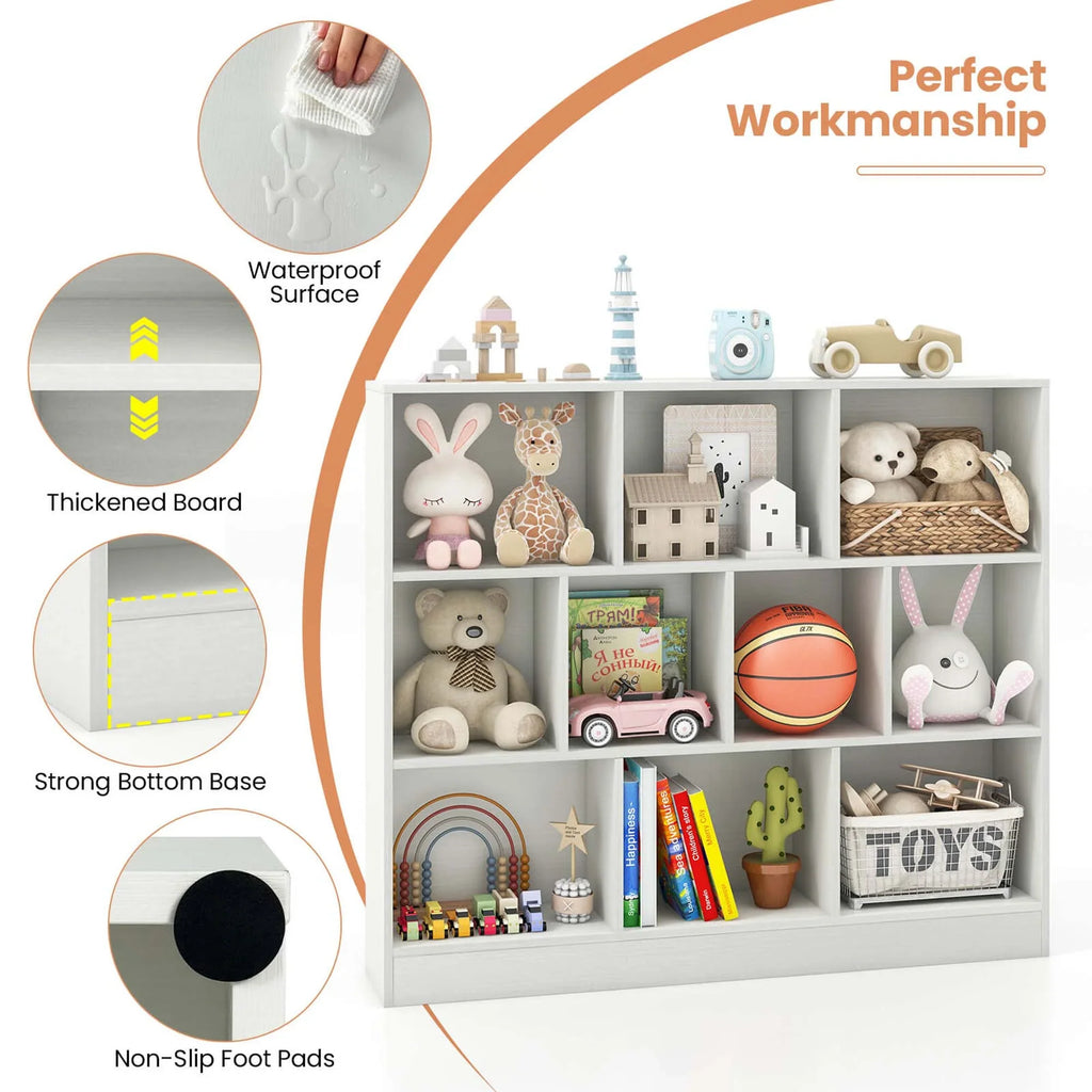 Costway 10-Cube Bookcase for Kids 41"Wooden Toy Storage Organizer for Kid’s Room White