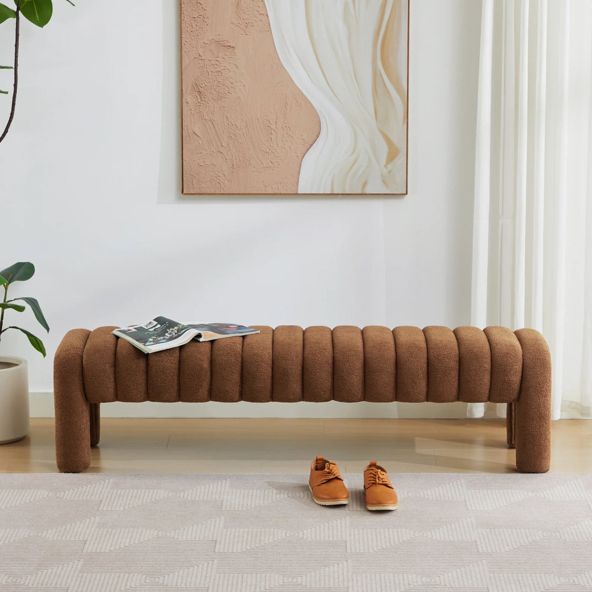 Zesthouse 63" End of Bed Bench, Linen Tufted Upholstered Ottoman Bench with Padded Seat and Solid Wood Leg, Modern Entryway Bench for Bedroom, Living Room, Beige
