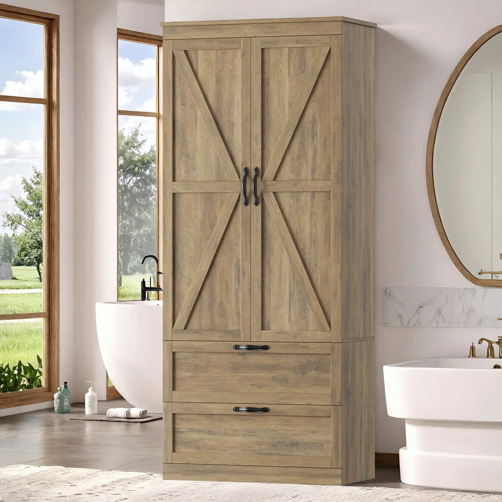 Homfa 70.3"H Bathroom Storage Cabinet, Farmhouse Linen Storage Cabinet with 2 Drawers, White