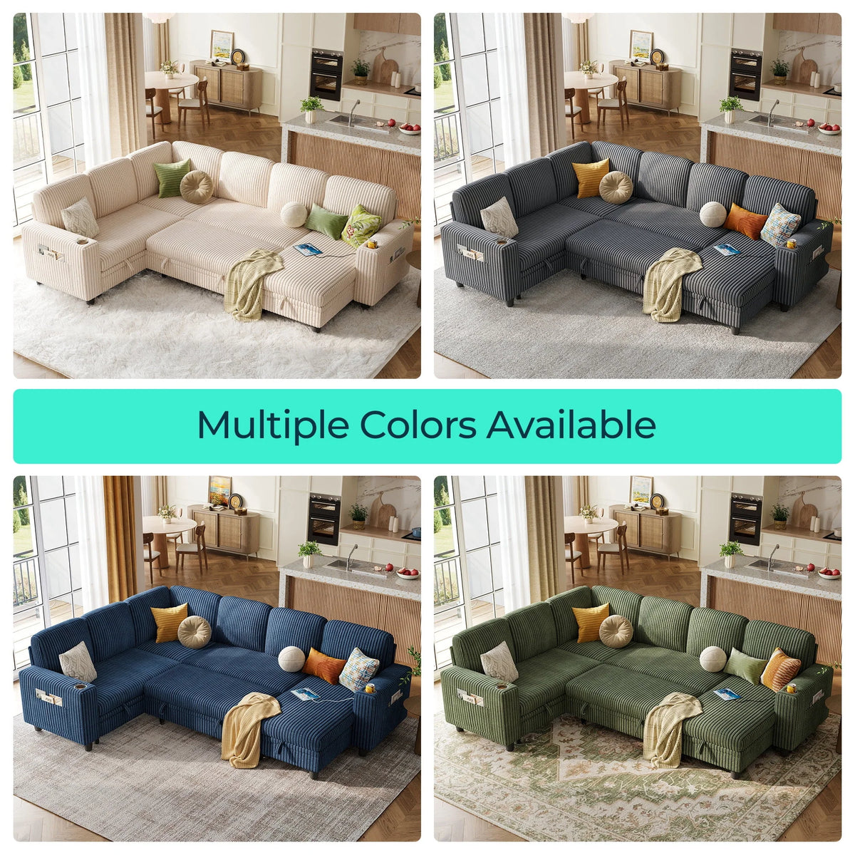 Linsy Home Storage Sectional Sleeper Sofa with Pull Out Bed, 9 Seat Modular Sectional Sofa with with USB & Cup Holder, Plush Corduroy Sectional Couches for Living Room, Green